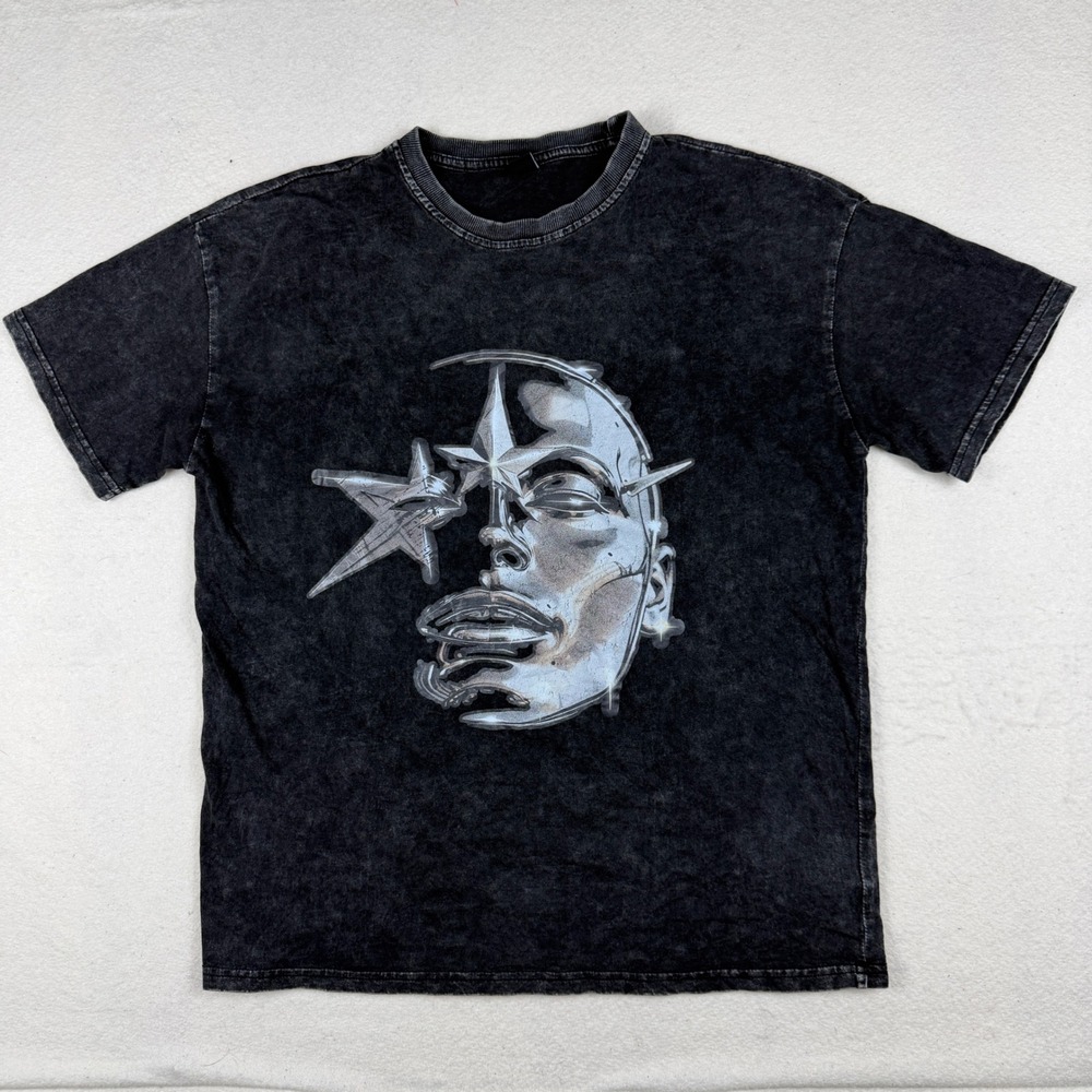 Manfinity EMRG Mens Small Black Acid Wash Chrome Star Face Graphic T-Shirt